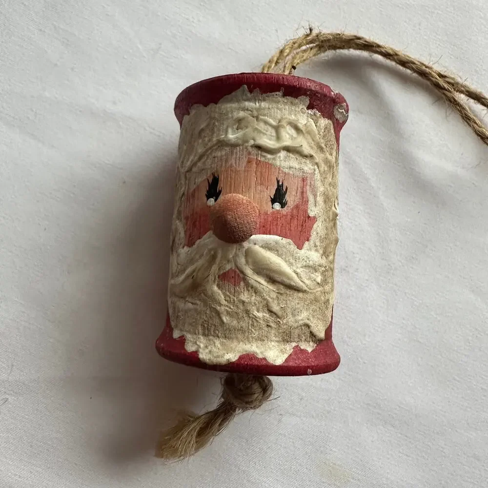 Vintage Hand Painted Thread Spool Santa Primitive Farmhouse Christmas Ornament